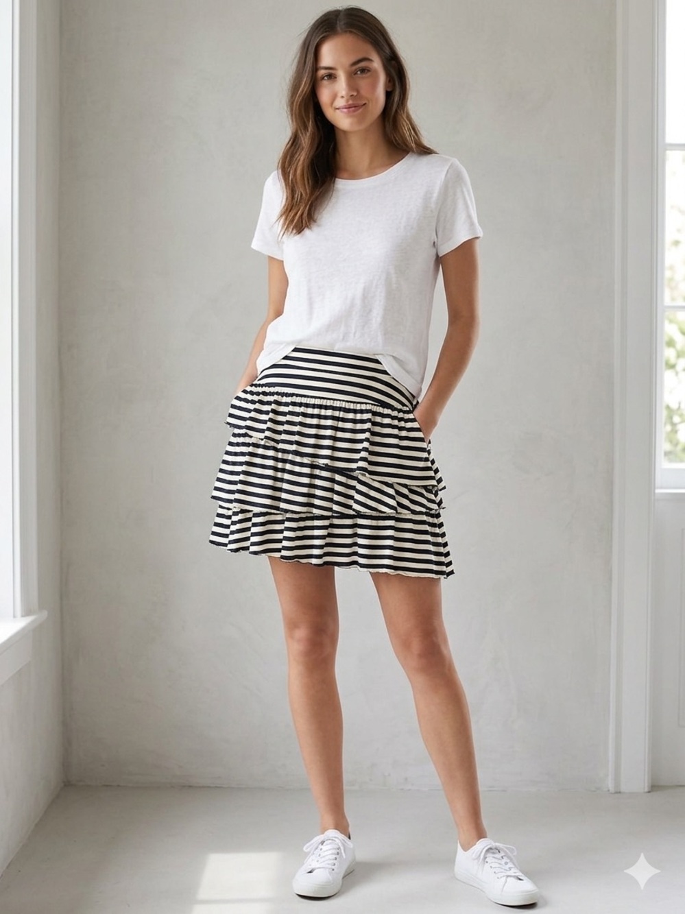 Banana Republic Black and White Striped Tiered Mini Skirt